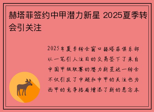 赫塔菲签约中甲潜力新星 2025夏季转会引关注 赫塔菲签约中甲潜力新星 2025夏季转会引关注